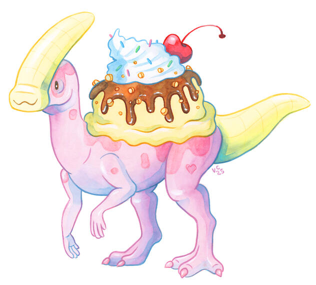 A pink parasaurolophus with a unpeeled banana for a snout and head crest. It has a scoop of vanilla ice cream on its back topped with caramel sauce, crushed nuts, whipped cream, sprinkles, and a cherry. Its tail is also an unpeeled banana.