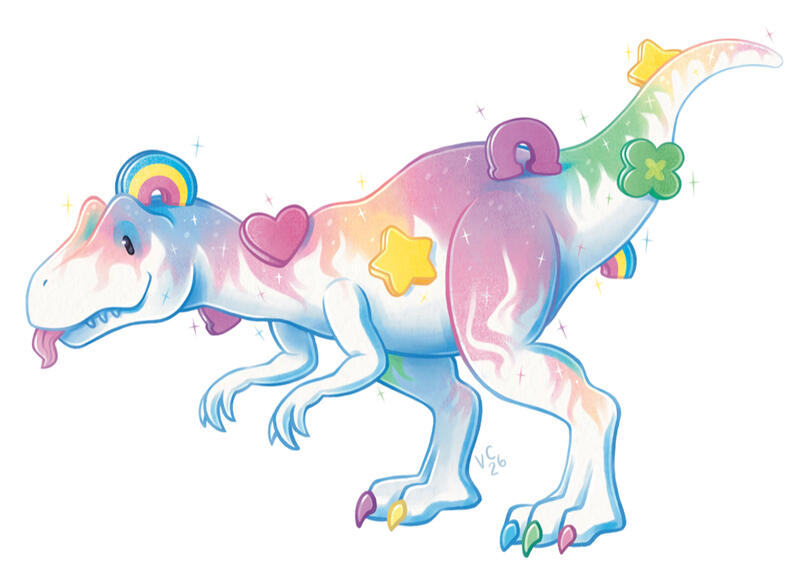 A rainbow iridescent Allosaurus with a white underbelly. His body is adorned with marshmallow charms. His is sticking is tongue out, and he is sparkling all over.
