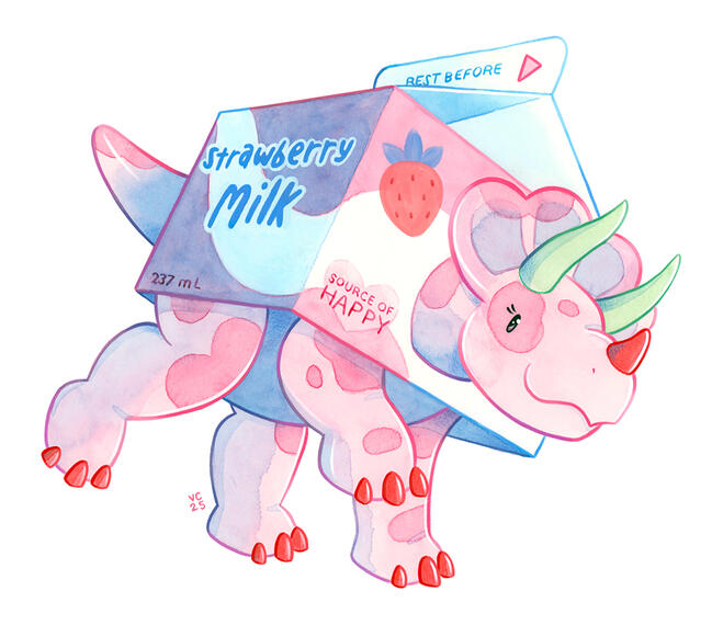 A triceratops/strawberry milk carton hybrid. It has a pink body and is wearing a giant strawberry milk cartoon like a costume. It has two green horns on its head and a red horn on its snout.