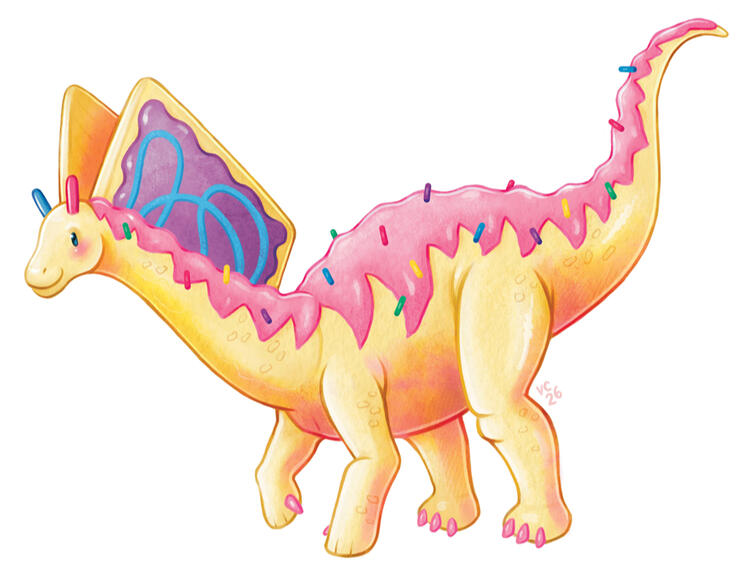 A pale yellow Amargasaurus with pink frosting and rainbow sprinkles on its back. It has two wildberry Pop Tarts as neck sails, and two horns similar to a giraffe. One horn is pink and one is blue. They are reminiscent of sprinkles.