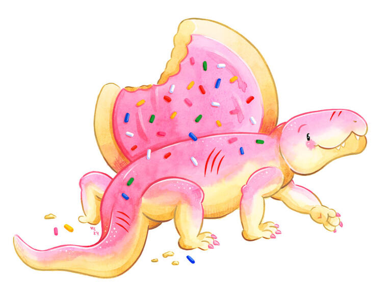 A dimetrodon/sugar cookie hybrid. It has a pink body with a pale yellow under belly. It's back sail is a large sugar cookie with pink frosting and rainbow sprinkles. There is a big bit missing. The dimetrodon has battle scars on it's body, but it is smilin