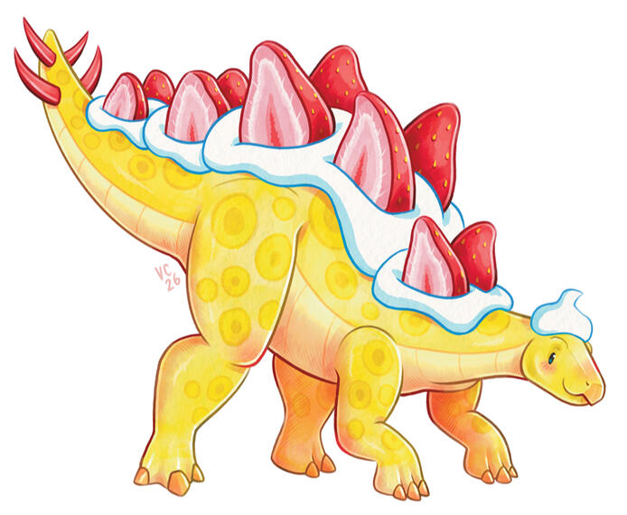 A digital illustration of a yellow stegosaurus with white whipped cream on it's back and strawberry halves for back plates. It's tail spikes are red.