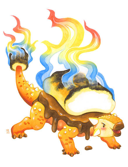 An orange anklylosaurus with melting chocolate and a big flaming marshmallow on its back. Its tail club is a smaller flaming marshmallow.