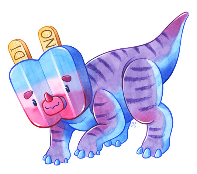 A purple and blue triceratops with a giant upside-down popsicle for a head. The popsicle colour is a gradient of blue to pale pink to magenta. The popsicle sticks are the head horns. The left one says "di" and the right one says "no", together spelling "di
