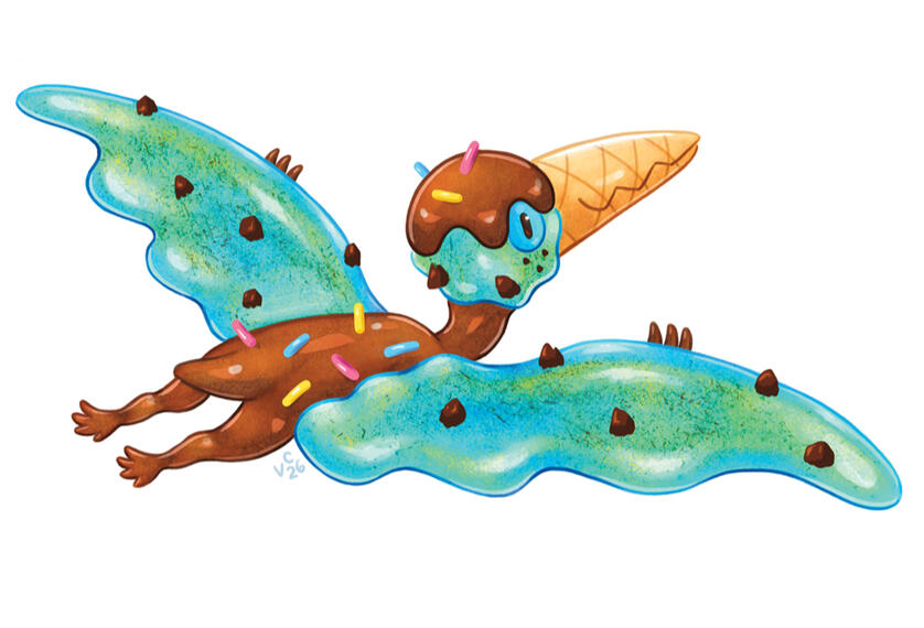 A nemicolopterus (pterosaur) with mint chip ice cream wings. His body is body of fudge sauce and topped with sprinkles. His head is a scoop of ice cream with fudge sauce and sprinkles on top. He has an ice cream cone for a beak, and he is smiling.