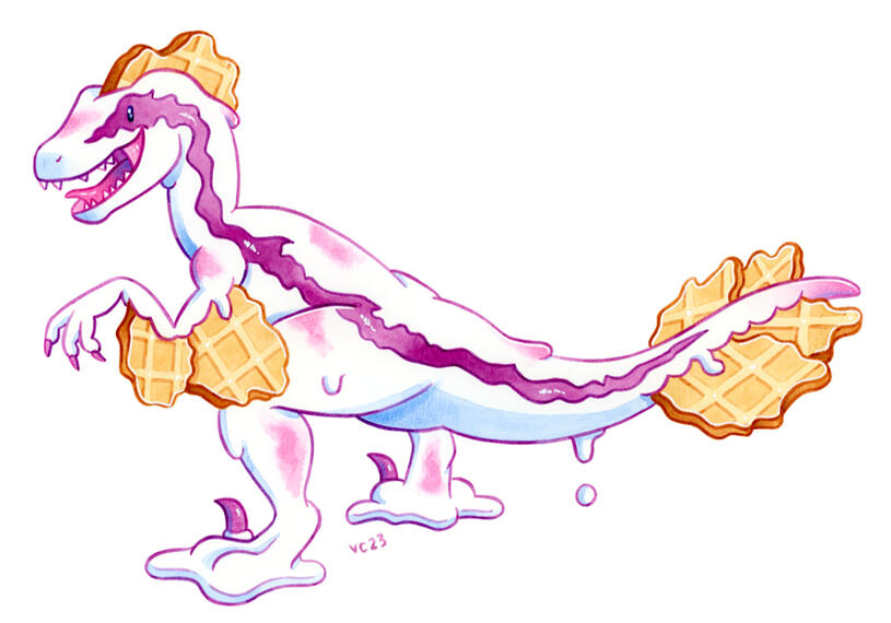 A velociraptor with a raspberry ripple ice cream body and waffle cone feathers.