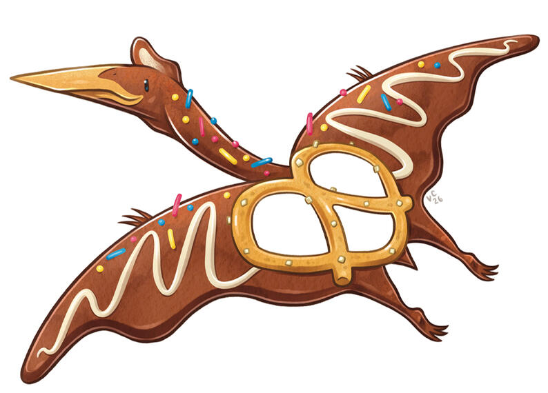 An illustration of a chocolate brown Quetzalcoatlus (pterosaur) covered in rainbow sprinkles. Its abdomen is one big pretzel, and its wings feature a white chocolate drizzle.
