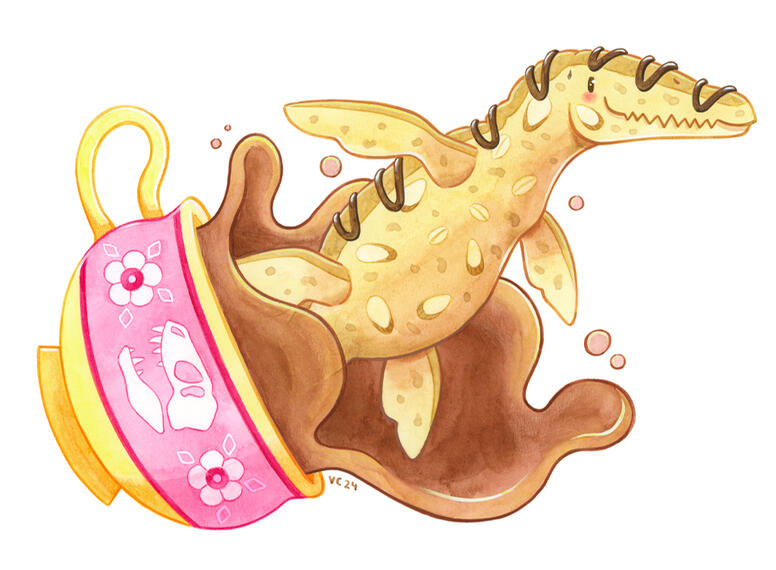 A biscotti/liopleurodon hybdrid. Its body is made of almond biscotti, topped with a drissle of chocolate. It's splashing out of a giant pink and yellow tea cup.