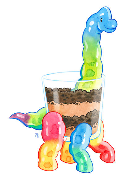 A brachiosaurus/"worms and dirt" dessert hybrid. It's body/midsection is a large cup filled with layers of cookie crumbs and chocolate pudding. Its legs, tail, neck and head are made of large rainbow gummy worms.