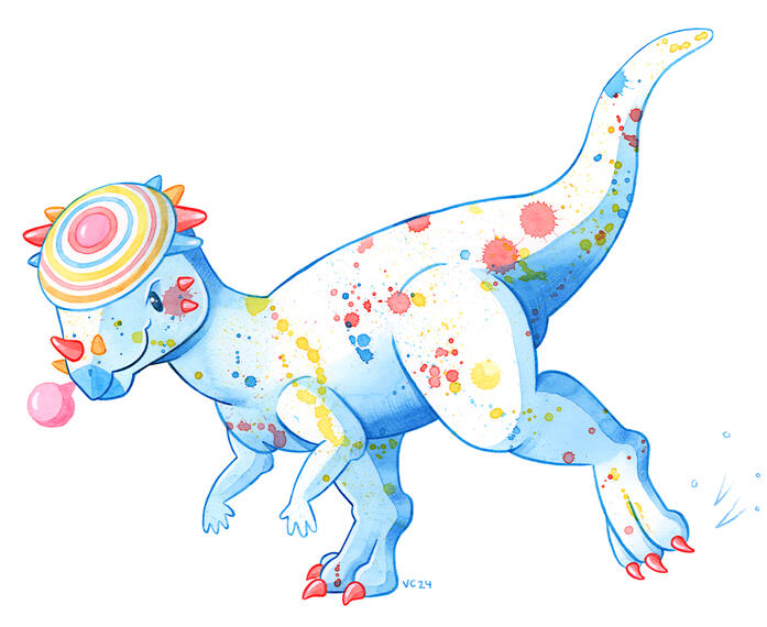 A pachycepholosaurus and jaw breaker/gob stopper candy hybrid. Its body is white with blue shadows. There is red, yellow, and blue paint splatter on its body, and the top of its head looks like the inside of a gob stopper. It is blowing a pink bubble out o